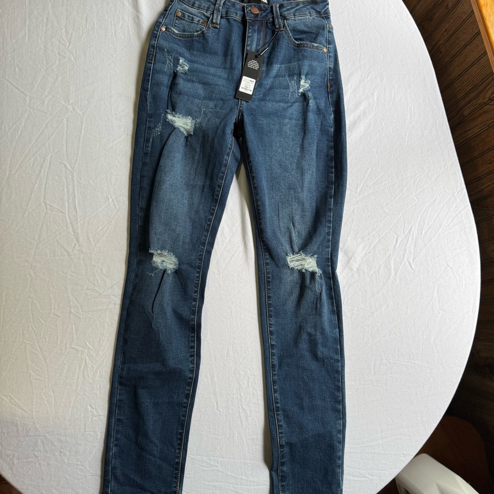 Fashion Nova Dark Blue Distressed Skinny Jeans